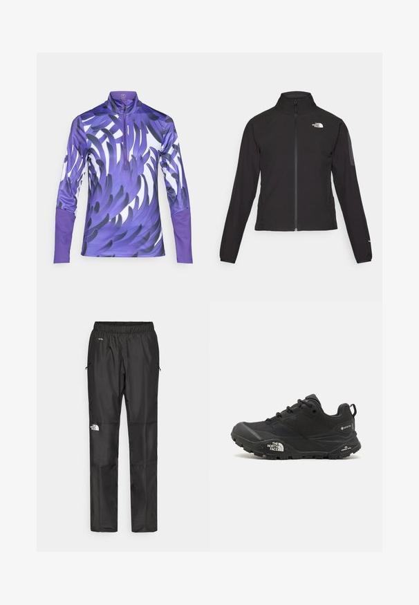 Casaco preto com fecho zip e gola alta, em tecido texturizado, com logo no lado esquerdo do peito. Apresenta mangas longas e um design ajustado.; Camisola de desempenho de manga longa em roxo, com um fecho de correr no pescoço. O tecido tem um acabamento brilhante com um padrão dinâmico em forma de folha em vários tons de roxo.; Calças pretas à prova d'água feitas de um tecido leve, com cintura elástica, bolsos laterais e um logótipo na perna esquerda.; Shoe de caminhada preto com um upper texturizado, fecho de atacador e uma sola de borracha robusta com um logótipo proeminente na lateral e padrões de piso.