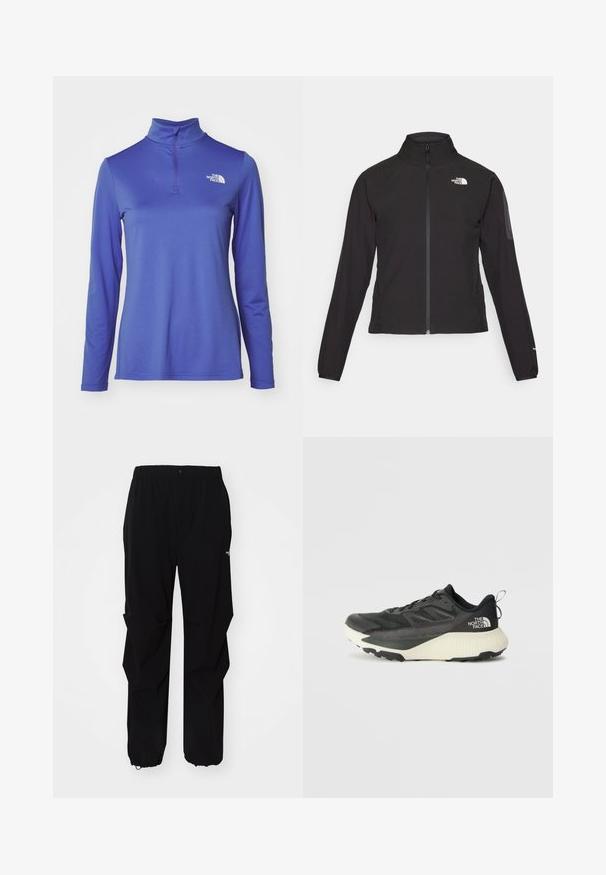 Mustat vetoketjullinen takki, jossa on korkea kaulus, teksturoitu kangas ja logo vasemmassa rinnassa. Ominaisuuksiin kuuluvat pitkät hihat ja slim fit -muotoilu.; Pitkähihaisia, violetteja neulepuseroita, joissa on puolitaskullinen kaulus ja pieni valkoinen logo rinnassa. Valmistettu sileästä, venyvästä materiaalista.; Mustat ulkoiluhousut, jotka on valmistettu kestävästä materiaalista. Niissä on rento istuvuus, joustava vyötärö sekä kiristettävät hihnat, jotka mahdollistavat säädettävän pituuden.; Musta urheilukengä, jossa on teksturoitu päällinen, harmaita yksityiskohtia ja valkoinen välipohja. Sisältää vetotagin ja näkyvän tuotemerkin logon kantapäässä.
