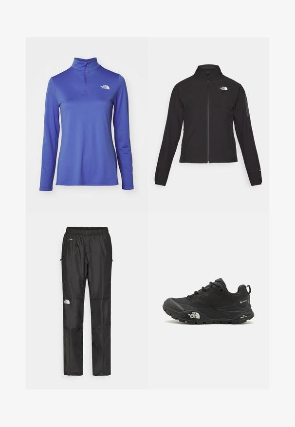 Svart zip-up jacka med hög krage, texturerat tyg och logotyp på vänster bröst. Har långa ärmar och en figursydd design.; Långärmad, lila pullover med halvdragkedja och en liten vit logotyp på bröstet. Tillverkad av ett mjukt, stretchigt material.; Svarta vattentäta byxor i lättviktsmaterial, med elastisk midja, sidofickor och en logotyp på vänster ben.; Svart vandringsskor med en texturerad övre del, snörning och en kraftig gummisula som har en framträdande logotyp på sidan och mönster i sulan.