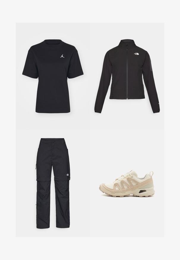 Zwarte zip-up jas met een hoge kraag, textuurstof en een logo op de linker borst. Beschikt over lange mouwen en een slim fit ontwerp.; Zwarte katoenen T-shirt met een ronde hals en korte mouwen. Heeft een wit Jumpman-logo op de linkerborst. Soepele textuur, normale pasvorm.; Zwarte nylon cargo broek met afneembare pijpen, verstelbare manchetten, meerdere zakken en een logo op het rechterbeen. Gladde, lichte textuur.; Beige en crème sportschoen met een textuur-mesh bovenwerk, ondersteunende overlays en een rubberen zool met een profielpatroon voor grip.
