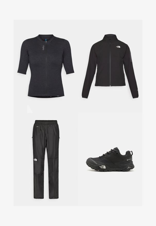 Mustmustabiga must jakk, millel on kõrge krae, tekstureeritud kangas ja logo vasakul rinnal. Omab pikki varrukaid ja sobivat disaini.; Lühikeste varrukatega must spordisärk, mis on valmistatud tekstuuriga kangast; sellel on ees tõmblukk ja ümar kaelus koos peene logo detailiga.; Mustad veepidavad püksid, mis on valmistatud kergest kangast, elastse vöökoha, küljetaskute ja logo kahel jalal.; Mustad matkajalanõud musta värvi, tekstuurse ülemise osa, paeltega kinnituse ja volüümika kummitald, millel on silmapaistev logo külgedel ja mustrimuster.