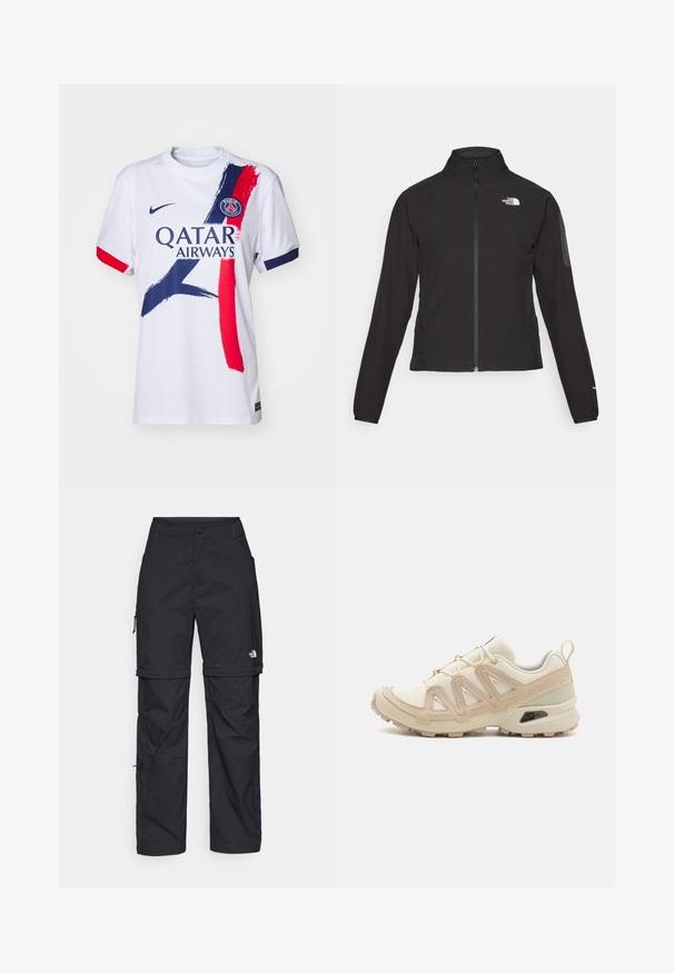 Mustat vetoketjullinen takki, jossa on korkea kaulus, teksturoitu kangas ja logo vasemmassa rinnassa. Ominaisuuksiin kuuluvat pitkät hihat ja slim fit -muotoilu.; Valkoinen urheilu paita, jossa on punaisia ja sinisiä siveltimenvetoja. Ominaisuuksiin kuuluu pyöreä kaula-aukko, lyhyet hihat ja painettu logodesign rintakehässä.; Mustat nailonista valmistetut irrotettavat cargo-housut säädettävillä lahkeilla, useilla taskuilla ja logolla oikeassa jalassa. Liukas, kevyt rakenne.; Beige ja kreemi värvi sportlikud jalanõud, millel on tekstiilne mesh ülemine osa, toetavad ülekatted ja kummist tald, millel on mustripattern haardeks.