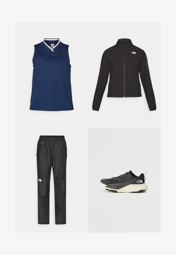 Casaco preto com fecho zip e gola alta, em tecido texturizado, com logo no lado esquerdo do peito. Apresenta mangas longas e um design ajustado.; Top sem mangas azul marinho com decote em V, feito de um tecido suave. Apresenta um acabamento de gola branca em contraste e um pequeno logotipo na barra.; Calças pretas à prova d'água feitas de um tecido leve, com cintura elástica, bolsos laterais e um logótipo na perna esquerda.; Shoe atlético preto com um cabedal texturizado, apresentando detalhes em cinza e uma entressola branca. Inclui uma alça e um logótipo da marca em destaque no calcanhar.
