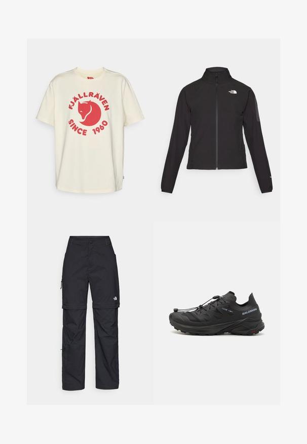 Fekete, cipzáros dzseki magas gallérral, texturált anyagból, bal mellen logóval. Hosszú ujjak és testhezálló fazon jellemzi.; Krém színű pamut póló, piros grafikával, amelyen egy róka embléma, a "Fjällräven Since 1960" felirat, és egy kis díszítés található a szegélyen.; Fekete nylon zipzáras cargo nadrág állítható mandzsettával, több zsebbel és logóval a jobb lábon. Simább, könnyű textúra.; Fekete terepfutó cipők, textúrált felsőrésszel, hálós panelekből és biztonságos rögzítési rendszerből. Robosztus talppal a tapadás érdekében.