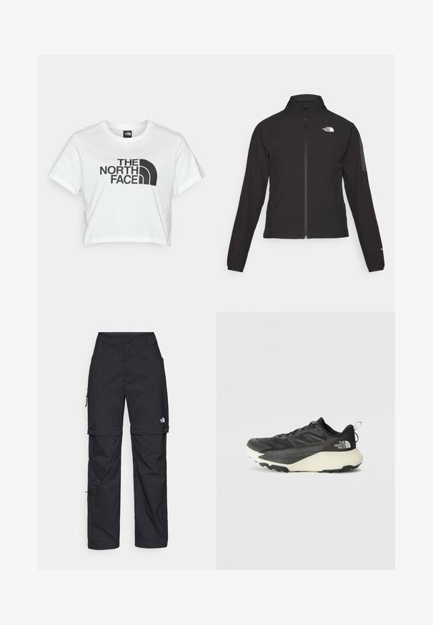 Mustat vetoketjullinen takki, jossa on korkea kaulus, teksturoitu kangas ja logo vasemmassa rinnassa. Ominaisuuksiin kuuluvat pitkät hihat ja slim fit -muotoilu.; Valkoinen lyhythihainen puuvillapaita, jossa on iso musta "THE NORTH FACE" -logo ja ikoninen puolikuusymboli edessä.; Mustat nailonista valmistetut irrotettavat cargo-housut säädettävillä lahkeilla, useilla taskuilla ja logolla oikeassa jalassa. Liukas, kevyt rakenne.; Musta urheilukengä, jossa on teksturoitu päällinen, harmaita yksityiskohtia ja valkoinen välipohja. Sisältää vetotagin ja näkyvän tuotemerkin logon kantapäässä.