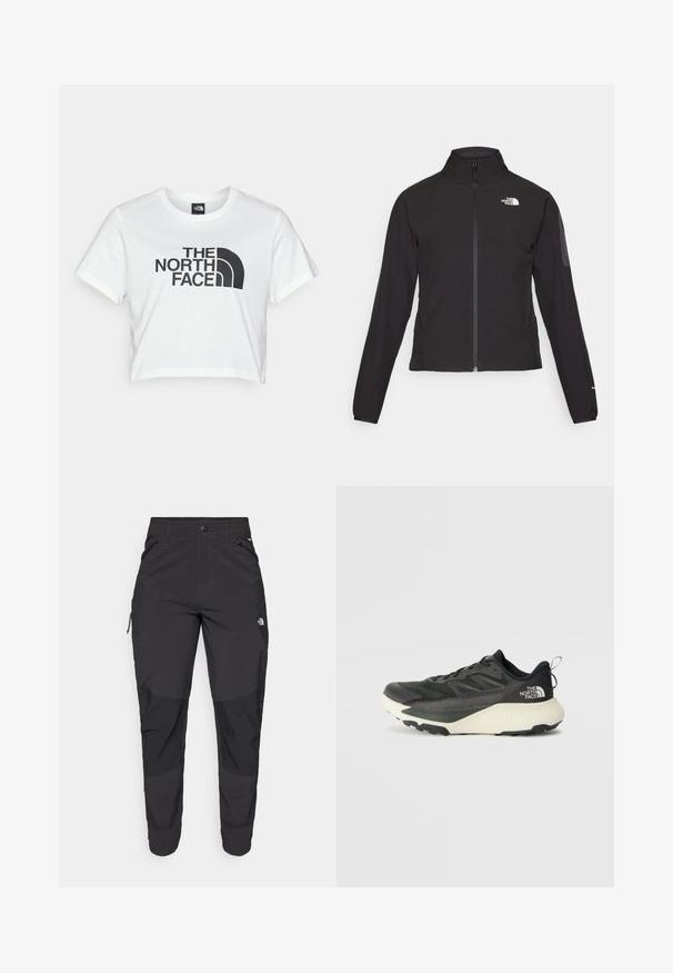 Mustmustabiga must jakk, millel on kõrge krae, tekstureeritud kangas ja logo vasakul rinnal. Omab pikki varrukaid ja sobivat disaini.; Valge lühikeste varrukatega puuvillane t-särk, mille ees on suur must logo "THE NORTH FACE" ja ikooniline poolkuple graafika.; Must black välitingimustes püksid, mis on valmistatud vastupidavast kangast. Omavad lukugaTaskuid, tugevdatud põlvepaneele ja sirget lõiget liikuvuse tagamiseks.; Musty mustusjalats musta pealisega, millel on tekstuur, hallid aktsendid ja valge vaheosa. Sisaldab tõmbeosa ning silmapaistvat brändi logo kandadel.