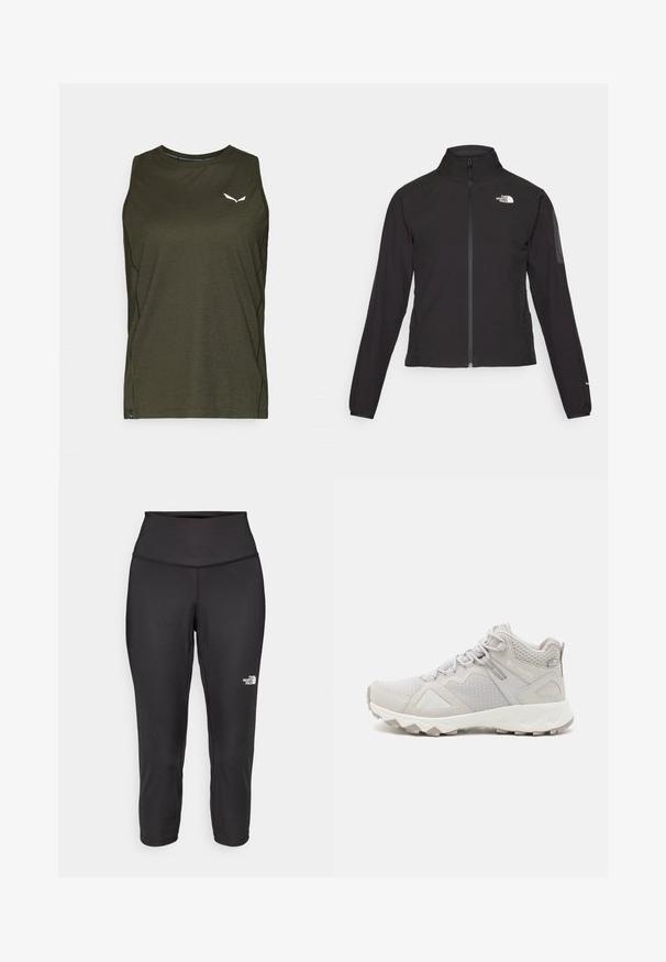 Juodas zip-up švarkas su aukšta apykakle, tekstūruotu audiniu ir logotipu kairėje krūtinės pusėje. Pasižymi ilgu rankovėmis ir prigludusia forma.; Tamsiai žalia be rankovių palaidinė su apvaliu kaklu, pagaminta iš lengvos medžiagos. Apykaklės viduryje yra mažas baltas logotipas ir šoninės siūlės detalės.; Juodos capri tipo leggingai, pagaminti iš tamprios medžiagos, su aukštu juosmeniu ir mažu baltu logotipu kairėje pusėje. Lygi tekstūra.; Šviesiai pilki žygio batai su kvėpuojamu puošniu tinkleliu, tekstūruotu zomšiniu akcentu ir tvirtu padu sukibimui. Įrengti raišteliai ir paminkštinta kraštinė.