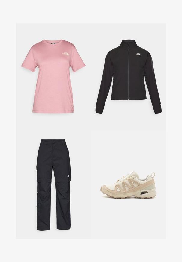 Chaqueta negra con cremallera y cuello alto, de tela texturizada, y logo en el lado izquierdo del pecho. Con mangas largas y un diseño ajustado.; Camiseta de manga corta rosa claro hecha de algodón suave, con cuello redondo y un pequeño logo blanco de "The North Face" en el pecho.; Pantalones cargo de nailon negro con cremallera desmontable, puños ajustables, múltiples bolsillos y un logotipo en la pierna derecha. Textura suave y ligera.; Zapatilla deportiva beige y crema con parte superior de malla texturizada, superposiciones de soporte y suela de goma con un patrón de tracción.