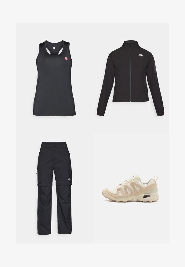 Black zip-up jacket with a high collar, textured fabric, and logo on the left chest. Features long sleeves and a fitted design.; Black tank top made of smooth, stretchy material. Features a racerback design with a small pink logo on the upper left.; Black nylon zip-off cargo trousers with adjustable cuffs, multiple pockets, and a logo on the right leg. Smooth, lightweight texture.; Beige and cream athletic shoe with textured mesh upper, supportive overlays, and rubber outsole featuring a tread pattern for traction.