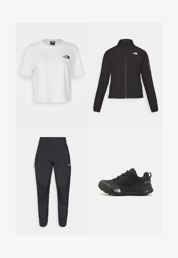 Sort zip-jacket med høj krave, struktureret stof og logo på venstre bryst. Har lange ærmer og en tætsiddende design.; Hvid cropped t-shirt lavet af bomuld med rund halsudskæring og korte ærmer. Har et sort logo på venstre bryst.; Sorte udendørsbukser lavet af slidstærkt stof. Har lynlåslommer, forstærkede knæpaneler og en lige skæring for bedre bevægelighed.; Sort vandresko med en tekstureret overdel, snørebåndslukning og en kraftig gummisål med et fremtrædende logo på siden og mønstrede slidbaner.