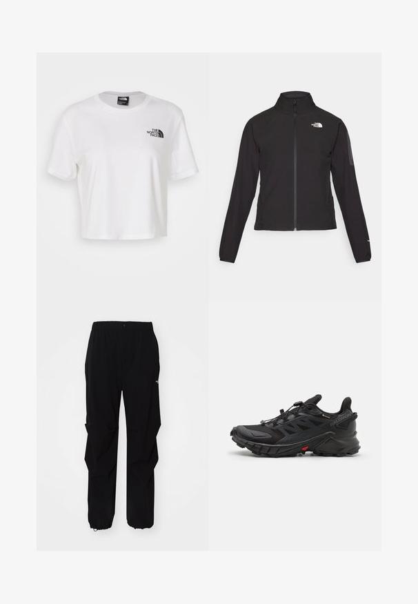 Jachetă neagră cu fermoar și guler înalt, din material texturat, cu logo pe partea stângă a pieptului. Prezintă mâneci lungi și un design ajustat.; Tricou scurt alb din bumbac, cu guler rotund și mâneci scurte. Prezintă un logo negru pe pieptul stâng.; Pantaloni negri de exterior, confecționați dintr-un material durabil, cu o croială relaxată, talie elastică și manșete strânse pentru lungime ajustabilă.; Pantofi sport negri cu un exterior texturat, dotat cu un sistem de șireturi sigur, o talpă căptușită și un accent roșu proeminent pe lateral.