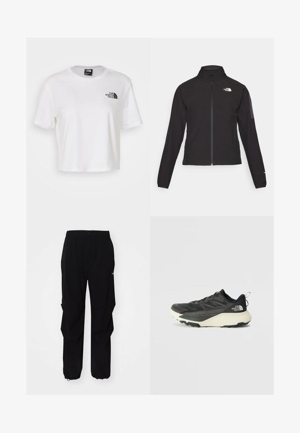 Black zip-up jacket with a high collar, textured fabric, and logo on the left chest. Features long sleeves and a fitted design.; White cropped t-shirt made of cotton with a round neckline and short sleeves. Features a black logo on the left chest.; Black outdoor pants made from durable material, featuring a relaxed fit, elastic waistband, and cinched cuffs for adjustable length.; Black athletic shoe with a textured upper, featuring gray accents and a white midsole. Includes a pull tab and prominent brand logo on the heel.