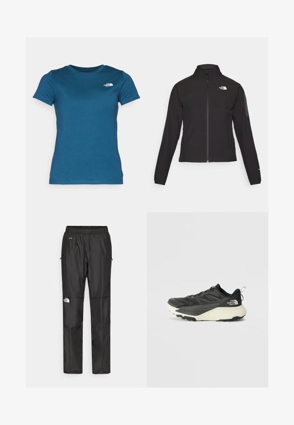 Fekete, cipzáros dzseki magas gallérral, texturált anyagból, bal mellen logóval. Hosszú ujjak és testhezálló fazon jellemzi.; The North Face W SS SD SLIM TEE - Basic póló - midnight petrol; Fekete vízálló nadrág könnyű anyagból, rugalmas derékkal, oldalsó zsebekkel és logóval a bal lábon.; Fekete sportcipő, texturált felsőrésszel, szürke kiegészítőkkel és fehér középtalppal. Húzófüllel és kiemelkedő márkalandírral a sarkán.