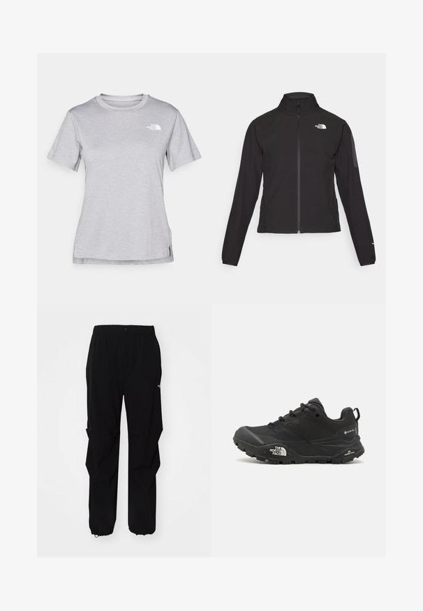 Svart zip-up jakke med høy krage, teksturert stoff, og logo på venstre bryst. Har lange ermer og en tettsittende design.; Grå kortermet t-skjorte laget av myk, fukttransporterende stoff. Har en rund hals og en liten hvit logo på øvre venstre side.; Sorte utendørsbukser laget av slitesterkt materiale, med en avslappet passform, elastisk midjebånd og stramme mansjetter for justerbar lengde.; Svart tursko med teksturert overdel, snøring og en kraftig gummisåle som har et fremtredende logo på siden og mønster i sålen.