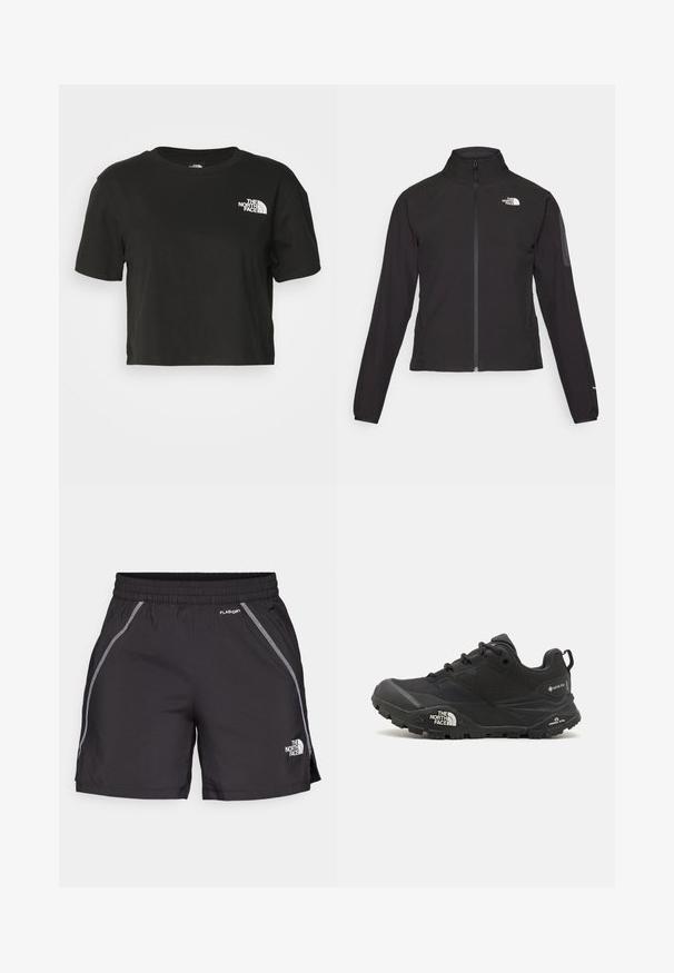 Sort zip-jacket med høj krave, struktureret stof og logo på venstre bryst. Har lange ærmer og en tætsiddende design.; Sort cropped t-shirt lavet af bomuld. Har en rund halsudskæring og korte ærmer, med et hvidt logo på venstre brystområde.; Sorte atletiske shorts lavet af letvægtsmateriale har en elastisk talje, reflekterende detaljer og logoet "The North Face" på venstre side.; Sort vandresko med en tekstureret overdel, snørebåndslukning og en kraftig gummisål med et fremtrædende logo på siden og mønstrede slidbaner.