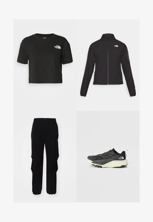 Mustat vetoketjullinen takki, jossa on korkea kaulus, teksturoitu kangas ja logo vasemmassa rinnassa. Ominaisuuksiin kuuluvat pitkät hihat ja slim fit -muotoilu.; Mustat lyhyt cropped-t-paita, joka on valmistettu puuvillasta. Siinä on pyöreä kaula-aukko ja lyhyet hihat, ja vasemmassa rinnassa on valkoinen logo.; Mustat ulkoiluhousut, jotka on valmistettu kestävästä materiaalista. Niissä on rento istuvuus, joustava vyötärö sekä kiristettävät hihnat, jotka mahdollistavat säädettävän pituuden.; Musta urheilukengä, jossa on teksturoitu päällinen, harmaita yksityiskohtia ja valkoinen välipohja. Sisältää vetotagin ja näkyvän tuotemerkin logon kantapäässä.