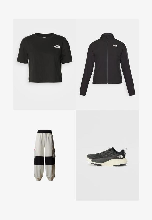 Mustmustabiga must jakk, millel on kõrge krae, tekstureeritud kangas ja logo vasakul rinnal. Omab pikki varrukaid ja sobivat disaini.; Must värvitud lühikeste varrukatega puuvillane T-särk. Omab ümmargust kaelust ja lühikesi varrukaid, vasakul rinnal on valge logo.; The North Face HIMALAYAN - Kargopüksid - white dune tnf black; Musty mustusjalats musta pealisega, millel on tekstuur, hallid aktsendid ja valge vaheosa. Sisaldab tõmbeosa ning silmapaistvat brändi logo kandadel.