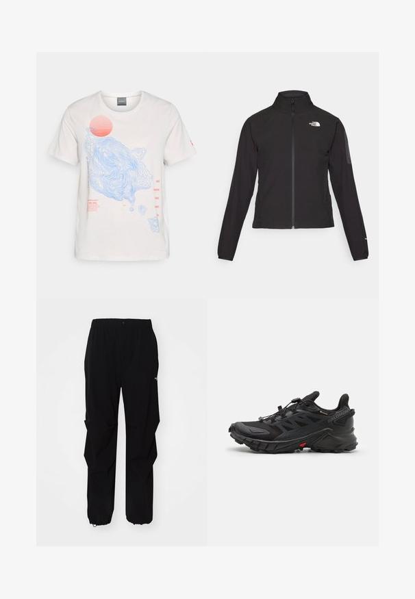 Črna zip-up jakna z visokim ovratnikom, teksturirano blago in logotipom na levem prsnem delu. Ima dolge rokave in prilega se.; Bela bombažna majica s plavimi konturami in rdečo grafiko sonca, z rdečim besedilom na sprednji strani. Kratki rokavi, okrogla ovratnica.; Črne zunanje hlače iz trpežnega materiala, s sproščenim krojem, elastičnim pasom in odprtinami na koncu, ki omogočajo prilagodljivo dolžino.; Črne športne čevlje z teksturirano zgornjico, opremljene z varnim sistemom vezalk, oblazinjeno podplatom in izrazitim rdečim poudarkom na strani.