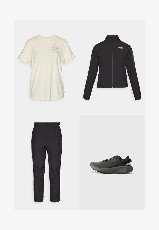 Black zip-up jacket with a high collar, textured fabric, and logo on the left chest. Features long sleeves and a fitted design.; Short-sleeve T-shirt in light beige cotton, featuring a round graphic with text "SEE YOU OUT HERE" and nature elements on the chest.; Black outdoor pants made of lightweight material, feature a smooth texture, elastic waist, zip pocket, and panel detailing on lower legs.; Dark gray athletic shoe with a textured fabric upper, flat laces, reinforced toe, and thick, rugged sole for traction. 300 embossed on the heel.