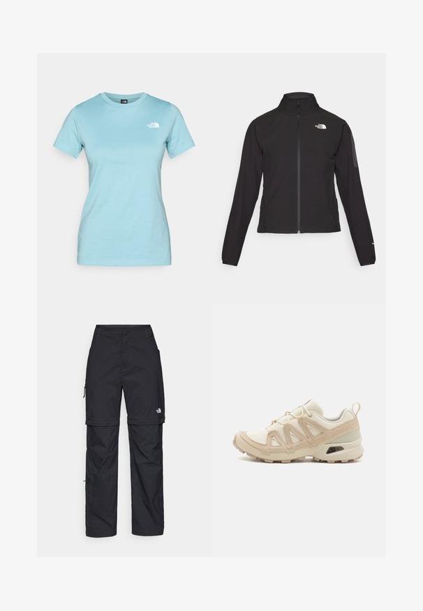 Mustmustabiga must jakk, millel on kõrge krae, tekstureeritud kangas ja logo vasakul rinnal. Omab pikki varrukaid ja sobivat disaini.; Taevasinine puuvillane t-särk lühikeste varrukatega ja ümar kaelus; esiküljel vasaku rinna kohal väike valge logo.; Mustad nailonist valmistatud eemaldatavad cargo-püksid, reguleeritavate pahkluudega, mitmete taskutega ja paremal jalal logoga. Sile, kerge tekstuur.; Beež ja koobalti spordijalats tekstureeritud võrkkattega, toetavad ülemised kihid ja kummist tallaga, millel on mustriga joonistus haardeks.