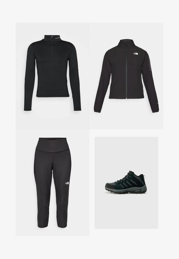Black zip-up jacket with a high collar, textured fabric, and logo on the left chest. Features long sleeves and a fitted design.; Black long-sleeve base layer with a high collar and quarter-zip closure. Smooth texture and fitted design for optimized performance.; Black capri leggings made from stretchy fabric, featuring a high waistband and a small white logo on the left side. Smooth texture.; Columbia REDMOND - Hiking shoes - black/citron haze