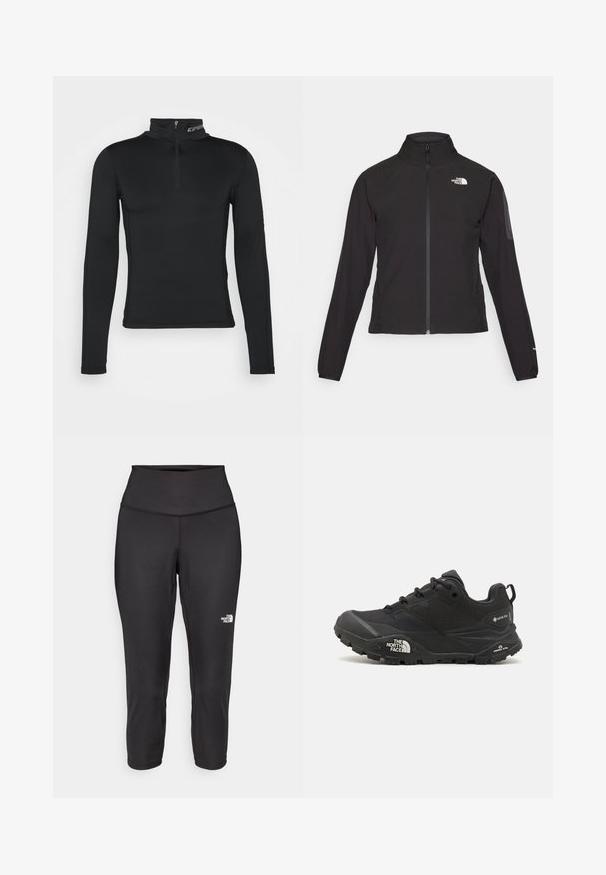 Sort zip-jacket med høj krave, struktureret stof og logo på venstre bryst. Har lange ærmer og en tætsiddende design.; Sort langærmet base layer med høj krave og kvart lynlås. Glat tekstur og tætsiddende design for optimeret ydeevne.; Sorte capri leggings lavet af strækbart stof, med en høj talje og et lille hvidt logo på venstre side. Glat tekstur.; Sort vandresko med en tekstureret overdel, snørebåndslukning og en kraftig gummisål med et fremtrædende logo på siden og mønstrede slidbaner.