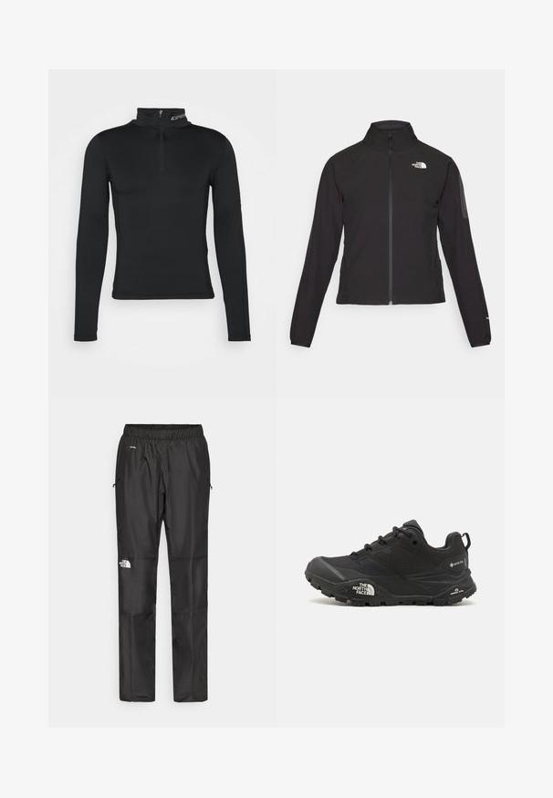 Jachetă neagră cu fermoar și guler înalt, din material texturat, cu logo pe partea stângă a pieptului. Prezintă mâneci lungi și un design ajustat.; Layer de bază cu mâneci lungi, negru, cu guler înalt și închidere cu fermoar pe un sfert. Textură netedă și design ajustat pentru o performanță optimizată.; Pantaloni impermeabili negri, confecționați dintr-un material ușor, cu o talie elastică, buzunare laterale și un logo pe piciorul stâng.; Shoe de drumeții de culoare neagră cu un suprafață texturată, închidere cu șire, și o talpă din cauciuc masivă, având un logo proeminent pe lateral și modele de bandă.