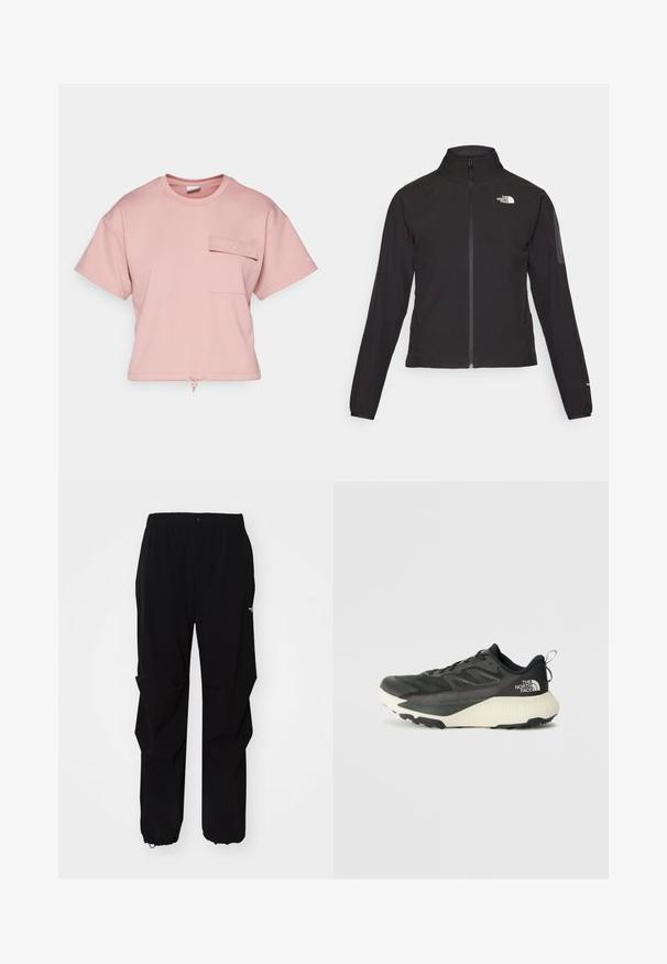 Black zip-up jacket with a high collar, textured fabric, and logo on the left chest. Features long sleeves and a fitted design.; Pink cropped t-shirt made from soft fabric. Features short sleeves, a front pocket with a flap, and a drawstring at the hem for adjustment.; Black outdoor pants made from durable material, featuring a relaxed fit, elastic waistband, and cinched cuffs for adjustable length.; Black athletic shoe with a textured upper, featuring gray accents and a white midsole. Includes a pull tab and prominent brand logo on the heel.