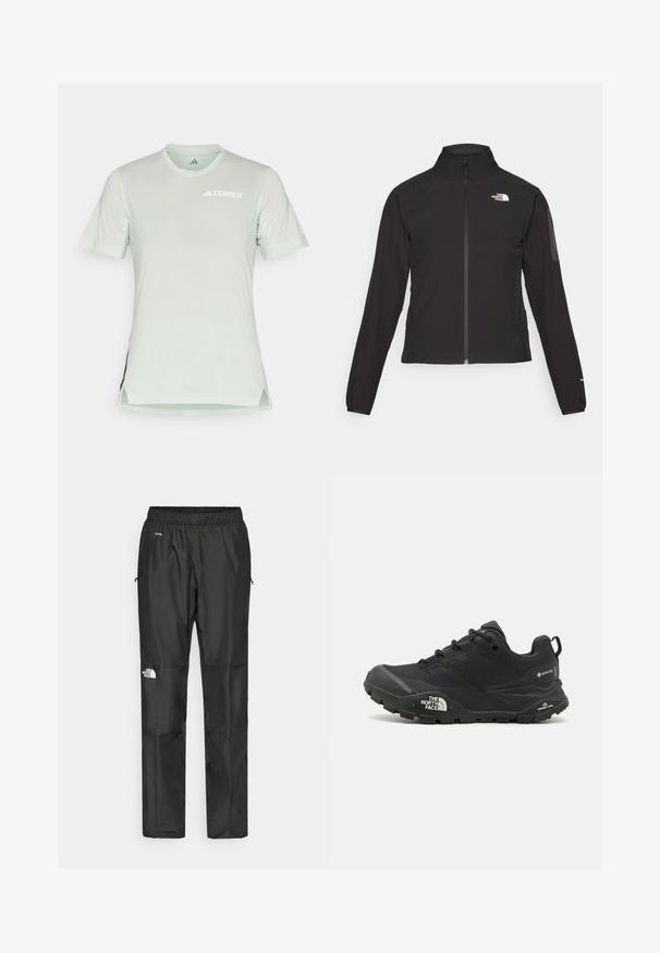 Chaqueta negra con cremallera y cuello alto, de tela texturizada, y logo en el lado izquierdo del pecho. Con mangas largas y un diseño ajustado.; Camiseta atlética de manga corta en verde menta claro con detalles de malla transpirable, logo de TERREX en blanco, cuello redondo, aberturas laterales y textura suave.; Pantalones impermeables negros hechos de un tejido ligero, con una cintura elástica, bolsillos laterales y un logo en la pierna izquierda.; Zapatilla de senderismo negra con parte superior texturizada, cierre de cordones y una suela de goma gruesa que presenta un logotipo prominente en el lado y patrones de tracción.