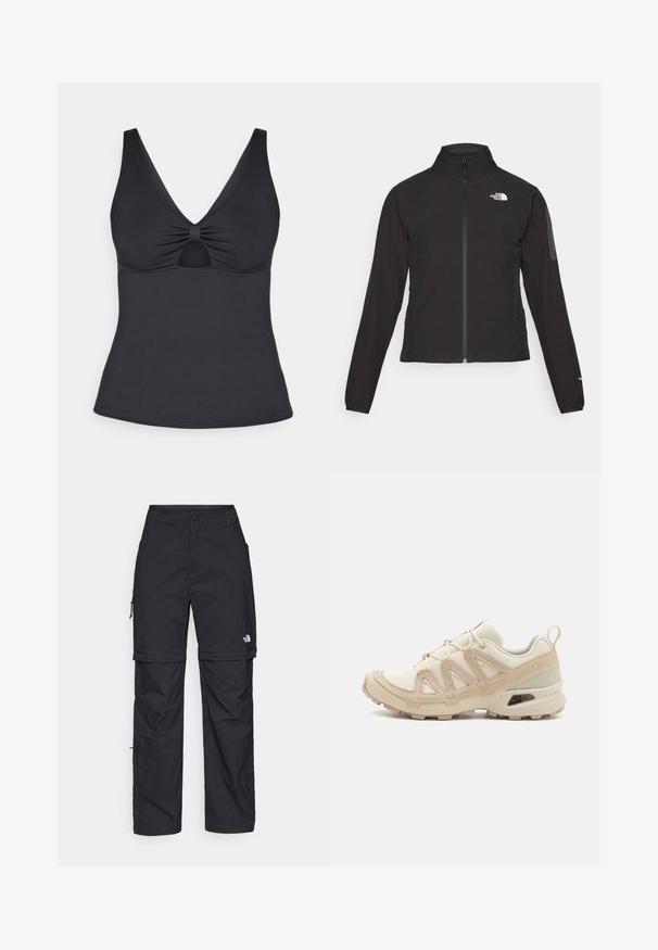 Giacca nera con zip e colletto alto, tessuto testurizzato e logo sul lato sinistro del petto. Presenta maniche lunghe e un design aderente.; Top nero senza maniche con scollatura a V profonda, dettaglio arricciato al centro e aperture a forma di chiave sottostanti. Tessuto liscio e design aderente.; Pantaloni cargo in nylon nero con zip rimovibile, polsini regolabili, molteplici tasche e un logo sulla gamba destra. Tessuto liscio e leggero.; Scarpa atletica beige e crema con tomaia in mesh testurizzato, sovrapposizioni supportive e suola in gomma con un motivo a tasselli per la trazione.