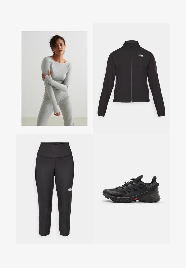 Mustat vetoketjullinen takki, jossa on korkea kaulus, teksturoitu kangas ja logo vasemmassa rinnassa. Ominaisuuksiin kuuluvat pitkät hihat ja slim fit -muotoilu.; Harmaa pitkähihainen paita ja siihen sopivat legginssit, jotka on valmistettu ribbikuvioidusta kankaasta. Mallissa on peukalonreiät ja pyöreä kaula-aukko, yksivärisellä taustalla.; Mustat capri-collegehousut, jotka on valmistettu joustavasta kankaasta. Ne sisältävät korkean vyötärön ja pienen valkoisen logon vasemmalla puolella. Silkkinen pinta.; Musta urheilukenkä, jossa on teksturoitu päällinen, turvallinen nauhoitusjärjestelmä, pehmeä pohja ja erottuva punainen yksityiskohta sivulla.