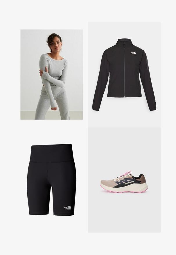 Schwarze Zip-Jacke mit hohem Kragen, strukturiertem Stoff und Logo auf der linken Brust. Verfügt über lange Ärmel und eine taillierte Passform.; Graues Langarmoberteil und passende Leggings aus geripptem Stoff, mit Daumenlöchern und rundem Ausschnitt, auf einem einfarbigen Hintergrund.; Schwarze Radshorts aus dehnbarem Material mit hohem Bund, versehen mit einem weißen Logo am unteren linken Bein. Glatte Textur.; Beige und pinkfarbene Salomon-Laufschuhe mit schwarzem Logo und Designelementen, cremefarbener Zwischensohle und pinkfarbener Außensohle, von der Seite auf einem schlichten Hintergrund betrachtet.