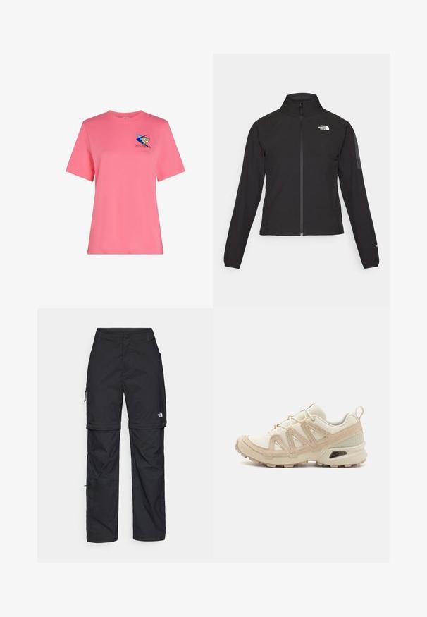 Schwarze Zip-Jacke mit hohem Kragen, strukturiertem Stoff und Logo auf der linken Brust. Verfügt über lange Ärmel und eine taillierte Passform.; Kurzärmliges, pinkes Baumwoll-T-Shirt mit einem blauen Stern und gelbem Grafikdesign. Klassische Passform mit Rundhalsausschnitt. Weicher Stoff.; Schwarze Nylon-Zip-Off-Cargohosen mit verstellbaren Bündchen, mehreren Taschen und einem Logo am rechten Bein. Glatte, leichte Textur.; Beige und cremefarbenen Sportschuh mit strukturiertem Mesh-Obermaterial, unterstützenden Überzügen und Gummisohle mit einem Profilmuster für Bodenhaftung.