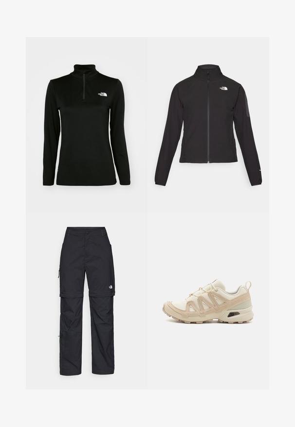 Črna zip-up jakna z visokim ovratnikom, teksturirano blago in logotipom na levem prsnem delu. Ima dolge rokave in prilega se.; Črn pulover z dolgimi rokavi, visokim ovratnikom in četrt-zip zapiranjem, izdelan iz gladkega materiala, z belim logotipom na levem prsnem delu.; Črne najlon hlače z zipom, ki se lahko odstranijo, s prilagodljivimi manšetami, več žepi in logotipom na desni nogi. Gladka, lahka tekstura.; Bež in krem športni čevlji z teksturiranim mrežastim zgornjim delom, podpornimi prekrivali in gumijastim podplatom z vzorcem za oprijem.