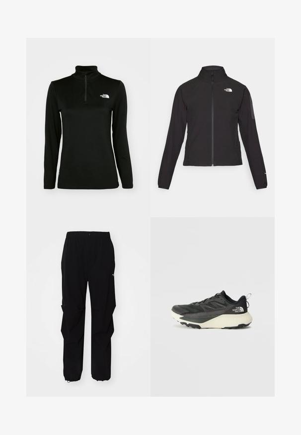 Svart zip-up jacka med hög krage, texturerat tyg och logotyp på vänster bröst. Har långa ärmar och en figursydd design.; Svart långärmad tröja med hög krage och kvartslång dragkedja, tillverkad av ett slätt tyg, med en vit logotyp på vänster bröst.; Svarta utomhusbyxor gjorda av slitstarkt material, med en avslappnad passform, elastisk midja och indragna muddar för justerbar längd.; Svart atletisk sko med en texturerad ovandel, med grå accenter och en vit mellanläggssula. Inkluderar en dragtab och en framträdande varumärkeslogotyp på hälen.