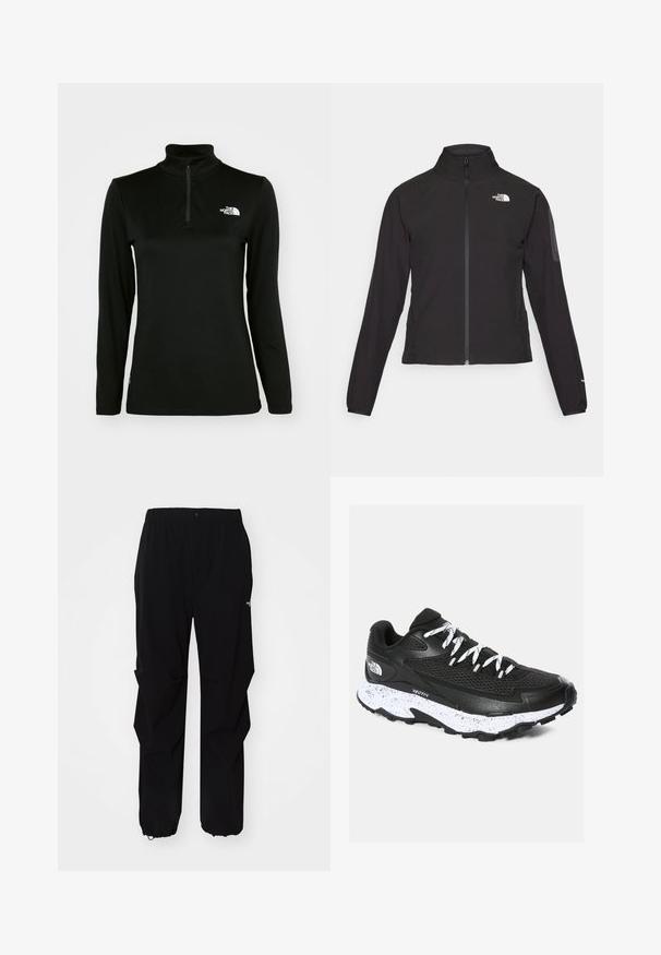 Čierna bunda na zips s vysokým golierom, textúrovanou tkaninou a logom na ľavej hrudi. Má dlhé rukávy a priliehavý strih.; Čierny pulover s dlhým rukávom, vysokým golierom a zipsom do štvrťky, vyrobený z hladkej látky, s bielym logom na ľavej hrudi.; Čierne vonkajšie nohavice vyrobené z odolného materiálu, s voľným strihom, elastickým pásom a sťahovacími manžetami pre nastaviteľnú dĺžku.; Čierna atletická obuv s mesh svrchnou časťou a textúrovaným dizajnom. Obsahuje bielu škvrnitú medzizvrškovú časť, hrubú čiernu podrážku a reflexné šnúrky.