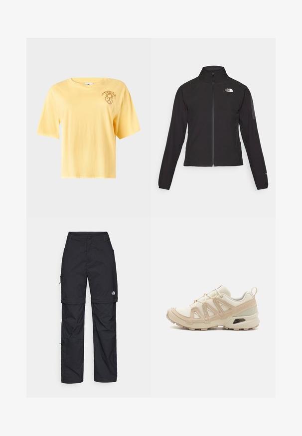 Schwarze Zip-Jacke mit hohem Kragen, strukturiertem Stoff und Logo auf der linken Brust. Verfügt über lange Ärmel und eine taillierte Passform.; Gelbes Baumwoll-T-Shirt mit kurzen Ärmeln, rundem Halsausschnitt und einem bedruckten Grafikdesign im linken Brustbereich. Glatte Textur, lässige Passform.; Schwarze Nylon-Zip-Off-Cargohosen mit verstellbaren Bündchen, mehreren Taschen und einem Logo am rechten Bein. Glatte, leichte Textur.; Beige und cremefarbenen Sportschuh mit strukturiertem Mesh-Obermaterial, unterstützenden Überzügen und Gummisohle mit einem Profilmuster für Bodenhaftung.