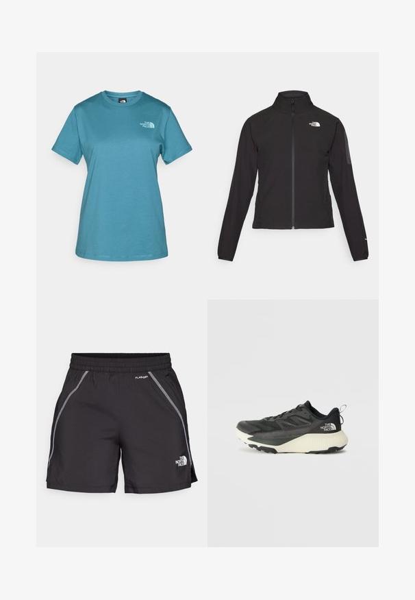 Schwarze Zip-Jacke mit hohem Kragen, strukturiertem Stoff und Logo auf der linken Brust. Verfügt über lange Ärmel und eine taillierte Passform.; Türkisfarbener Kurzarm-T-Shirt aus Baumwolle, mit Rundhalsausschnitt und einem kleinen, in Weiß auf der linken Brust aufgedruckten Logo.; Schwarze Sportshorts aus leichtem Material verfügen über einen elastischen Bund, reflektierende Details und das Logo "The North Face" an der linken Seite.; Schwarzer Sportschuh mit strukturiertem Obermaterial, ausgestattet mit grauen Akzenten und einer weißen Zwischensohle. Enthält eine Zuglasche und ein markantes Markenlogo an der Ferse.