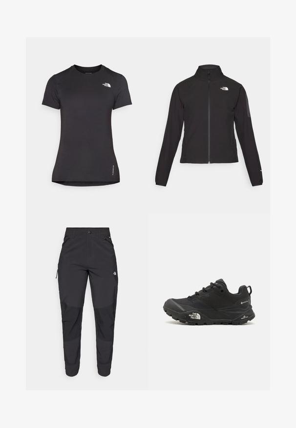 Čierna bunda na zips s vysokým golierom, textúrovanou tkaninou a logom na ľavej hrudi. Má dlhé rukávy a priliehavý strih.; Čierne športové tričko vyrobené z ľahkej, priedušnej tkaniny. Má krátke rukávy a okrúhly výstrih. Logo je umiestnené na hrudi.; Čierne vonkajšie nohavice vyrobené z odolného materiálu. Obsahujú vrecká na zips, zosilnené kolenné panely a rovný strih pre pohyblivosť.; Čierna turistická obuv s textúrovaným povrchom, šnurovaním a masívnou gumovou podrážkou, na strane so zreteľným logom a vzormi na protišmykovú trakciu.