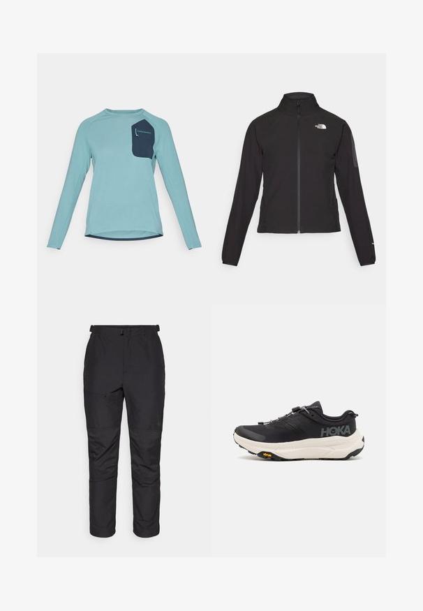 Zwarte zip-up jas met een hoge kraag, textuurstof en een logo op de linker borst. Beschikt over lange mouwen en een slim fit ontwerp.; Langsleeve shirt van lichtblauwe textuurstof. Beschikt over een marineblauwe pocket met branding. Ronde halslijn en ontwerp met afgeronde zoom.; Zwarte outdoor broeken van lichtgewicht materiaal, met een gladde textuur, elastische taille, ritszak en paneel details op de onderbenen.; Zwarte sportschoenen met een ademend bovenwerk van mesh, rubberen buitenzool, witte dempende tussenzool en reflecterende veters. Vibram-logo op de buitenzool.