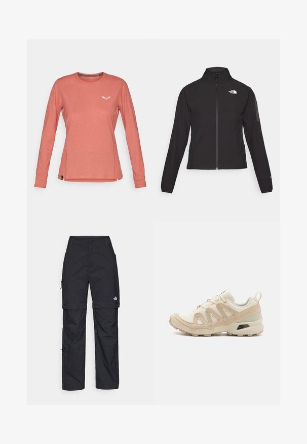 Schwarze Zip-Jacke mit hohem Kragen, strukturiertem Stoff und Logo auf der linken Brust. Verfügt über lange Ärmel und eine taillierte Passform.; Langärmliges, hellkorallenfarbiges Hemd aus weichem Material, mit rundem Halsausschnitt und kleinem weißen Logo auf der Brust. Seitenschlitze am Saum.; Schwarze Nylon-Zip-Off-Cargohosen mit verstellbaren Bündchen, mehreren Taschen und einem Logo am rechten Bein. Glatte, leichte Textur.; Beige und cremefarbenen Sportschuh mit strukturiertem Mesh-Obermaterial, unterstützenden Überzügen und Gummisohle mit einem Profilmuster für Bodenhaftung.