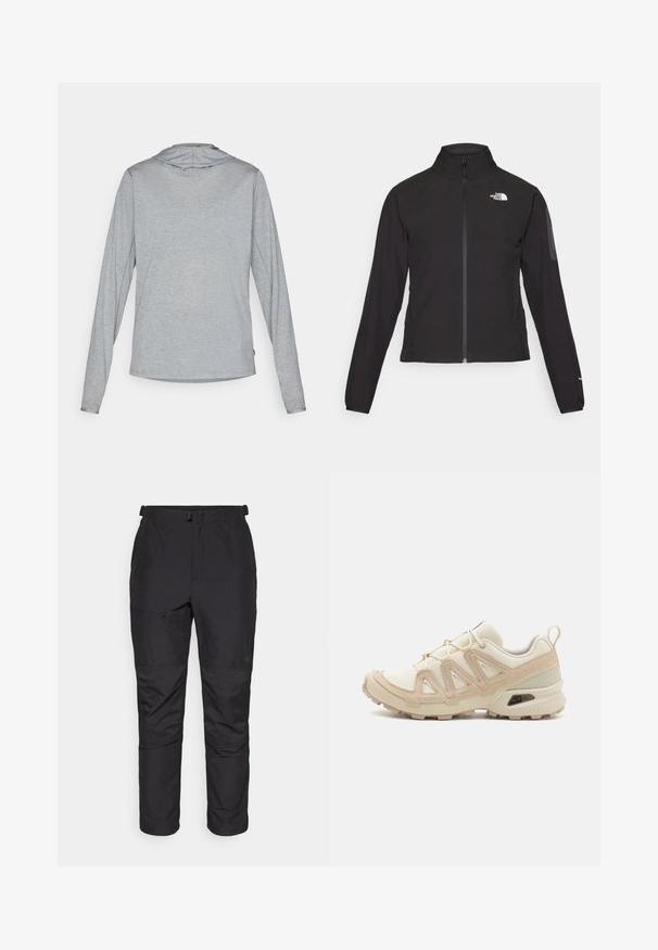 Black zip-up jacket with a high collar, textured fabric, and logo on the left chest. Features long sleeves and a fitted design.; Long-sleeve hoodie shirt in light gray, featuring a soft, textured fabric. Hooded design with a relaxed fit and rounded hem.; Black outdoor pants made of lightweight material, feature a smooth texture, elastic waist, zip pocket, and panel detailing on lower legs.; Beige and cream athletic shoe with textured mesh upper, supportive overlays, and rubber outsole featuring a tread pattern for traction.