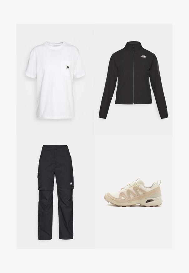 Casaco preto com fecho zip e gola alta, em tecido texturizado, com logo no lado esquerdo do peito. Apresenta mangas longas e um design ajustado.; T-shirt branca de algodão com mangas curtas, decote redondo e um bolso no peito esquerdo com um rótulo de logótipo a preto e branco.; Calças cargo pretas em nylon com fechos de correr removíveis, punhos ajustáveis, múltiplos bolsos e um logótipo na perna direita. Textura suave e leve.; Sapatilha atlética beige e creme com parte superior em malha texturizada, sobreposições de suporte e sola de borracha com um padrão de cravo para tração.