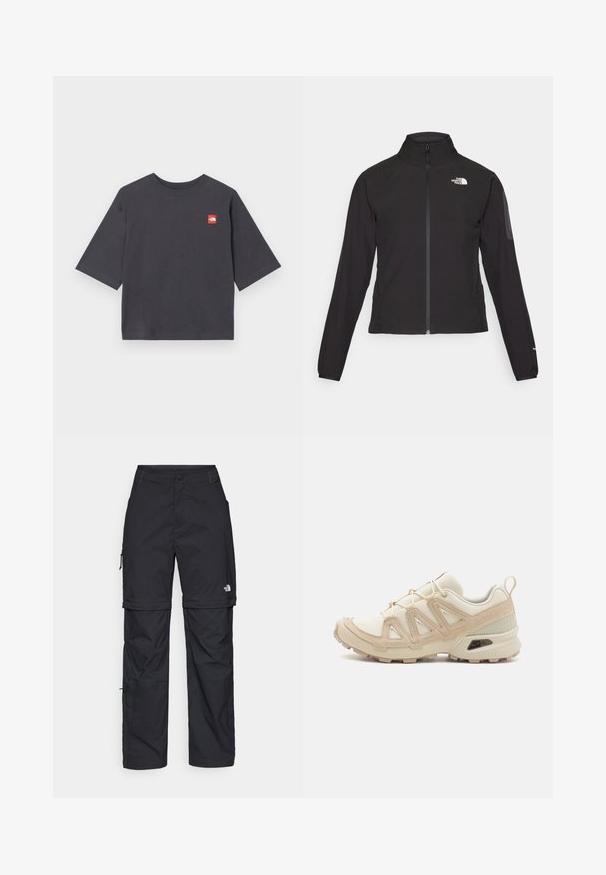 Crna jakna na zip s visokim ovratnikom, teksturirana tkanina i logotip na lijevoj strani prsiju. Ima duge rukave i uski kroj.; Majica s kratkim rukavima, tamno siva, izrađena od pamuka. Ima kvadratni crveni logo zakrpu na lijevoj strani prsa. Regularan kroj s okruglim izrezom.; Crne najlon hlače s munjevim zatvaranjem, odvojive cargo hlače s podesivim manžetama, brojnim džepovima i logom na desnoj nozi. Glatka, lagana tekstura.; Bež i kremasti sportski tenisice s teksturiranim mrežastim gornjim dijelom, potpornih preklopa i gumeni potplat s uzorcima za prianjanje.