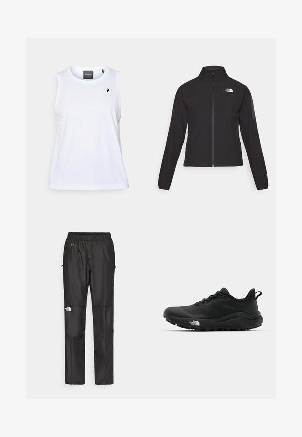 Fekete, cipzáros dzseki magas gallérral, texturált anyagból, bal mellen logóval. Hosszú ujjak és testhezálló fazon jellemzi.; Fehér, ujjatlan sporttank top kerek nyakkivágással és sima textúrával. Kicsi fekete logó található a váll közelében, és az designja letisztult.; Fekete vízálló nadrág könnyű anyagból, rugalmas derékkal, oldalsó zsebekkel és logóval a bal lábon.; The North Face OFFTRAIL VERSA - Túracipők - tnf black/tnf white