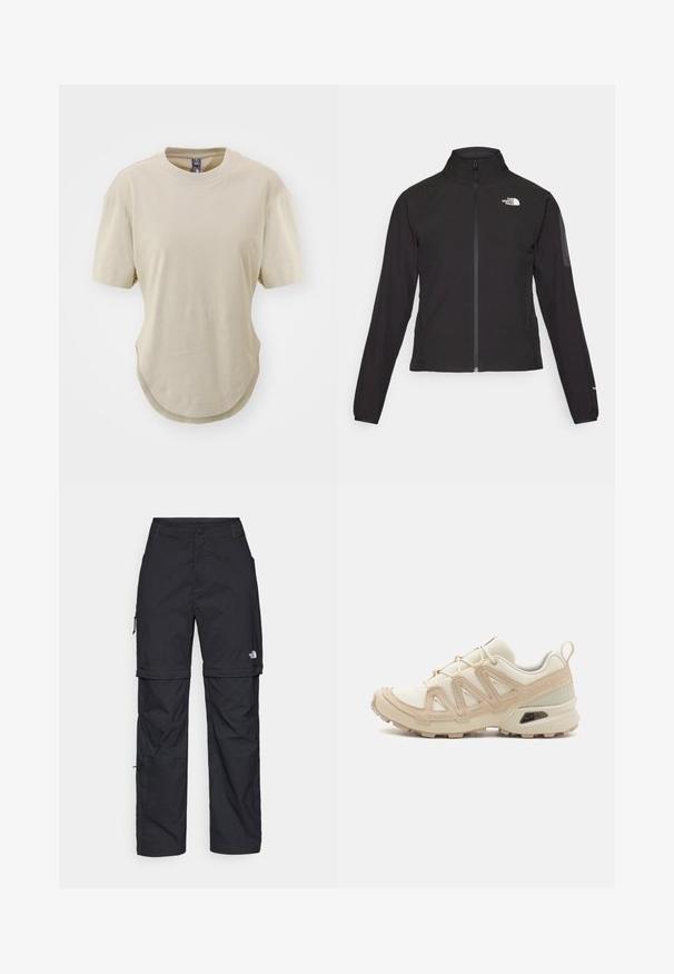 Melna ar rāvējslēdzēju aizdara jaka ar augstu apkakli, teksturētu audumu un logotipu kreisajā krūtī. Satur garas piedurknes un pieguļošu dizainu.; Beidža īsām piedurknēm t-krekls, kas izgatavots no mīksta kokvilnas. Tam ir apaļa kakla izgriezums un noapaļots apakšmalas dizains ar sānu spraugām, nodrošinot brīvu piegriezumu.; Melni nailona bikses ar noņemamām kājām, regulējamiem uzmavām, vairākām kabatām un logotipu uz labās kājas. Gluda, viegla tekstūra.; Beige un krēma sporta apavi ar strukturētu tīkla virsmu, atbalstošajiem slāņiem un gumijas zoli ar protektoru rakstu, kas nodrošina saķeri.