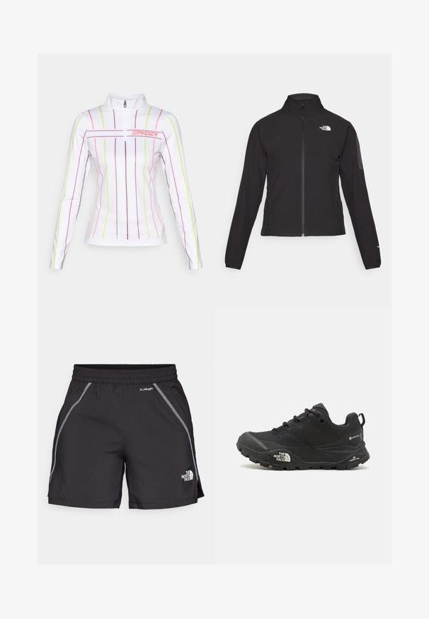 Schwarze Zip-Jacke mit hohem Kragen, strukturiertem Stoff und Logo auf der linken Brust. Verfügt über lange Ärmel und eine taillierte Passform.; Weißes langärmliges Sportoberteil mit einem halben Reißverschluss, das vertikale, mehrfarbige Streifen in Pink, Lila und Neon-Gelb aufweist.; Schwarze Sportshorts aus leichtem Material verfügen über einen elastischen Bund, reflektierende Details und das Logo "The North Face" an der linken Seite.; Schwarzer Wanderschuh mit einer strukturierten Oberfläche, Schnürverschluss und einer massiven Gummisohle, die auf der Seite ein ausgeprägtes Logo sowie Profilmuster zeigt.