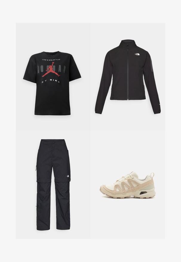 Black zip-up jacket with a high collar, textured fabric, and logo on the left chest. Features long sleeves and a fitted design.; Black cotton t-shirt featuring short sleeves, a crew neckline, and a graphic print with a red silhouette and text "AUTHENTIC JORDAN BY NIKE."; Black nylon zip-off cargo trousers with adjustable cuffs, multiple pockets, and a logo on the right leg. Smooth, lightweight texture.; Beige and cream athletic shoe with textured mesh upper, supportive overlays, and rubber outsole featuring a tread pattern for traction.