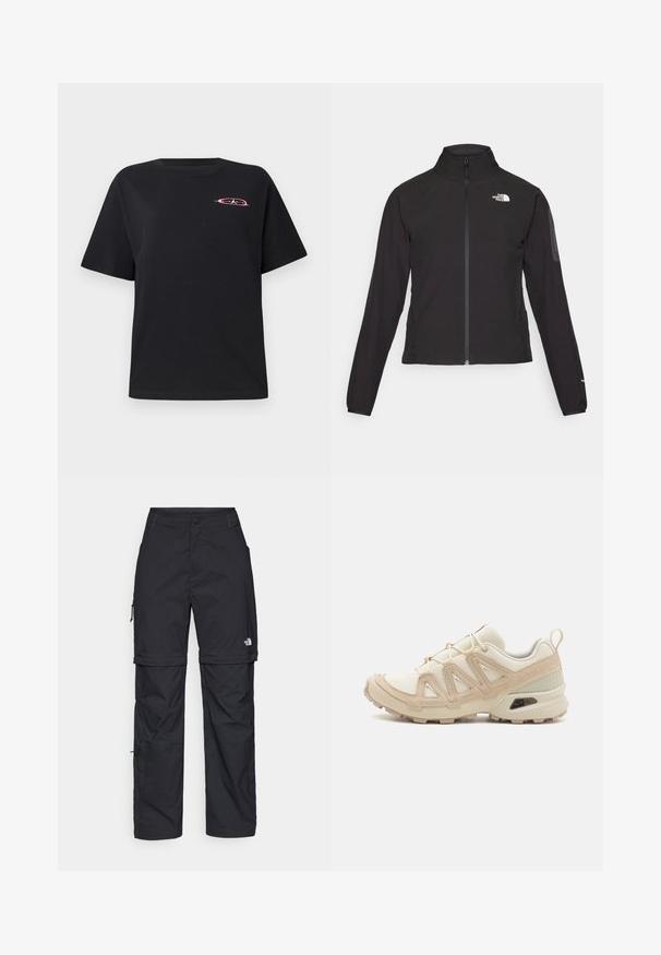 Svart zip-up jacka med hög krage, texturerat tyg och logotyp på vänster bröst. Har långa ärmar och en figursydd design.; Svart bomullströja med avslappnad passform, rundad halsringning, korta ärmar och en färgglad logotyp broderad på vänster bröst.; Svarta nylonbyxor med avtagbara ben, justerbara muddar, flera fickor och en logotyp på högra benet. Slät, lätt textur.; Beige och krämfärgad atletisk sko med texturerad meshovandel, stöttande överdrag och gummisulor med ett mönster för grepp.