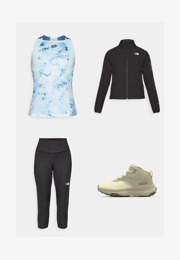 Zwarte zip-up jas met een hoge kraag, textuurstof en een logo op de linker borst. Beschikt over lange mouwen en een slim fit ontwerp.; Mouwloos sporttop in lichtblauw met een gestructureerd, abstract patroon. Beschikt over een ronde halslijn en een logo in het midden.; Zwarte capri-legging gemaakt van rekbare stof, met een hoge tailleband en een klein wit logo aan de linkerkant. Glad textuur.; Hoka wandelschoen in lichtbeige, met een getextureerde bovenkant, een vetersluiting en een Vibram-buitenzool. Kenmerkend zijlogo en ondersteunend ontwerp.